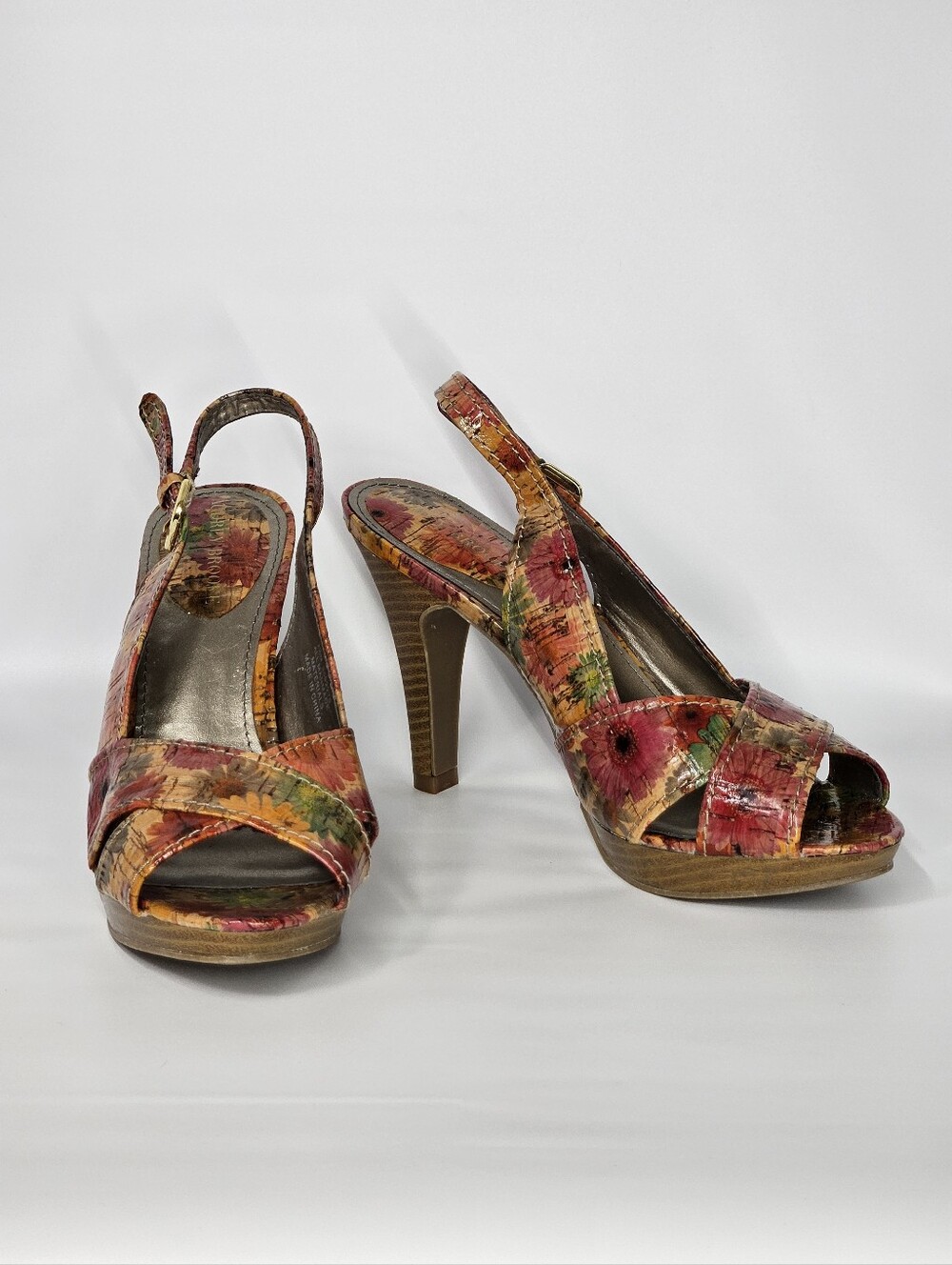 Audrey Brooke Size 7.5 Heels Floral Cork Platform Sandals Sling Back Peep Toe